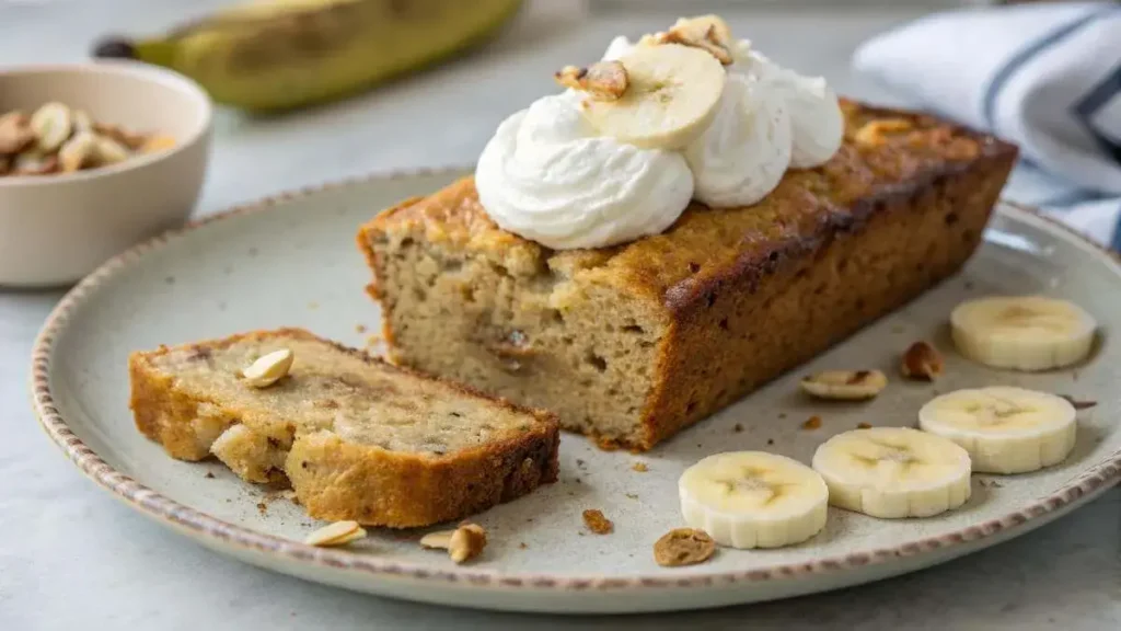 Sliced 3 ingredient banana bread served with whipped cream and banana slices.