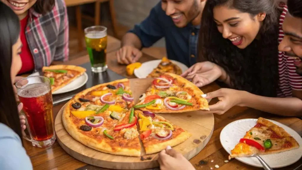 Friends enjoying supreme pizza at a festive dinner table.