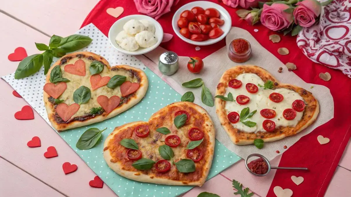 Heart shaped pizzas with fresh toppings on a decorated table.