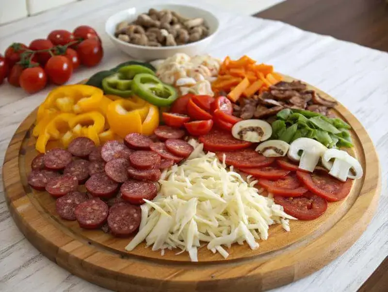 Ingredients for making supreme pizza on a kitchen counter.
