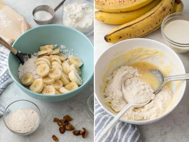 Mixing ingredients to make 3 ingredient banana bread in a bowl.