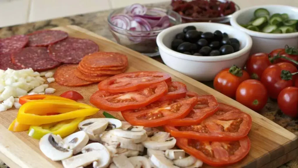 Ingredients for making supreme pizza on a kitchen counter.