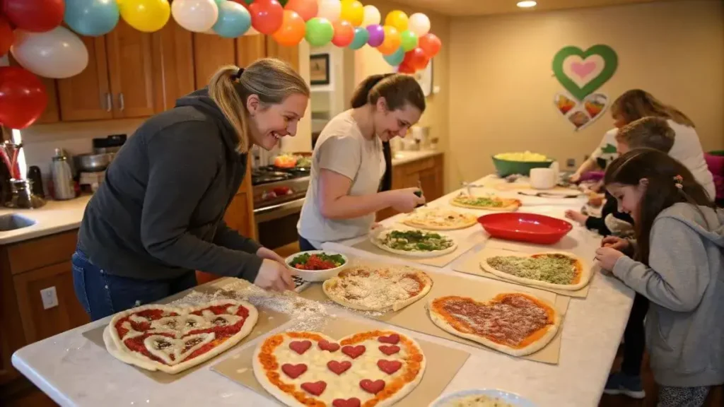 Group making and decorating heart shaped pizzas at a party.