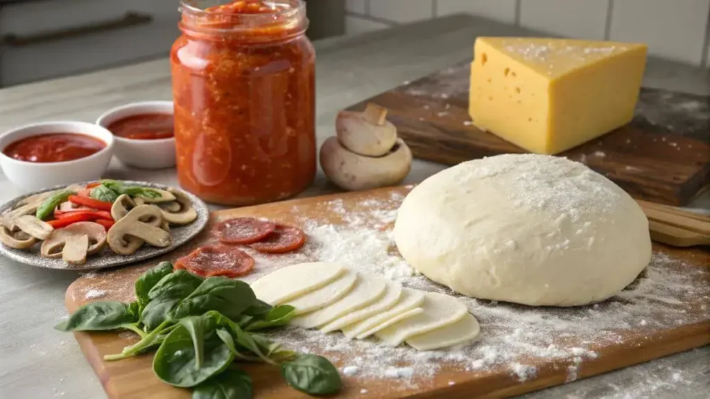 Ingredients for making heart shaped pizzas arranged on a kitchen counter.