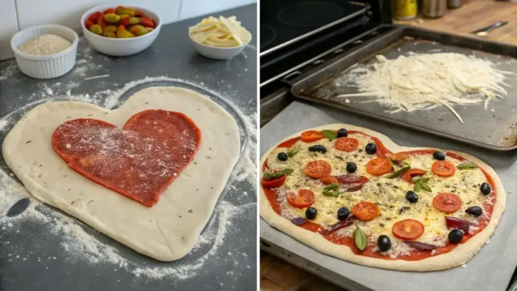 Process of making heart shaped pizzas with toppings ready to bake.