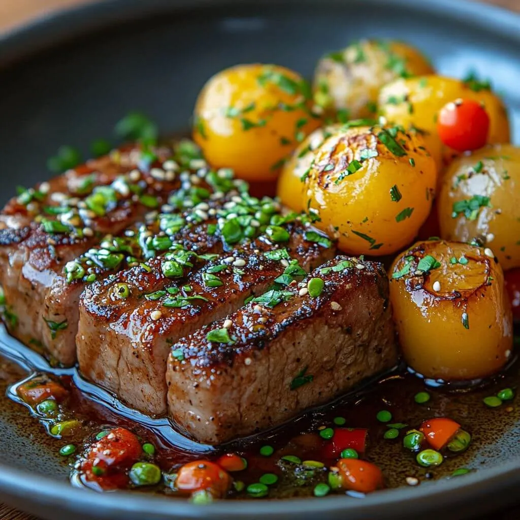 sliced bistro beef steak with sides