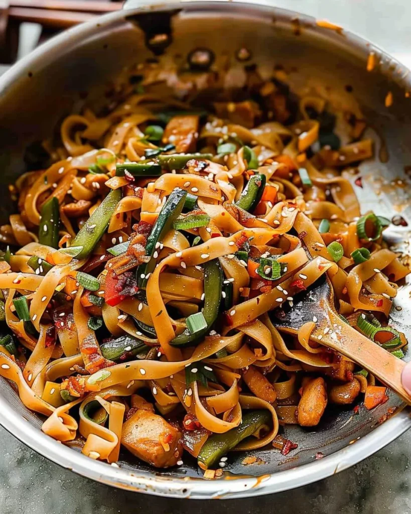 Wok stir-frying noodles for drunken noodles recipe