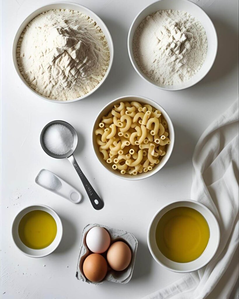 ingredients for macaroni noodles recipe including elbow pasta, flour, eggs, and oil