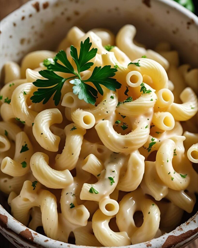 creamy macaroni noodles recipe served in a bowl with parsley garnish