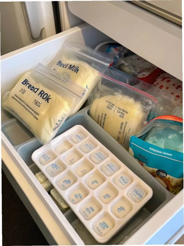 close-up of labeled breast milk cubes in freezer